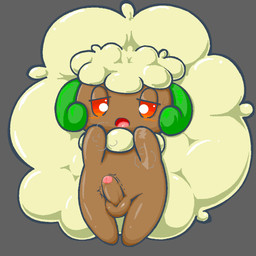 balls blonde_hair blush brown_body chibi genitals grey_background hair humanoid_genitalia humanoid_penis male open_mouth penis plant red_eyes simple_background solo young sanusanu nintendo pokemon elemental_creature flora_fauna generation_5_pokemon pokemon_(species) whimsicott 1:1