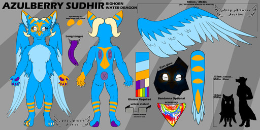 anthro black_sclera blue_body blue_fur bovid_horn caprine_horn eye_patch_(marking) eyewear facial_markings feathered_wings feathers fur glasses glowing glowing_eyes head_markings horn kerchief long_tongue male markings orange_markings patch_(marking) pawpads purple_flesh purple_pawpads ram_horn solo text tongue white_eyes wings featheredwings9_(azulberry) mythology azulberry_sudhir_(featheredwings9) dragon furred_dragon furred_scalie mythological_creature mythological_scalie scalie 2:1 absurd_res digital_media_(artwork) english_text hi_res model_sheet