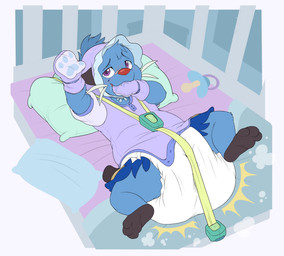 3_toes ambiguous_gender band-aid band-aid_on_face band-aid_on_nose bandage bandage_on_face bandage_on_nose bed_sheet bedding big_diaper black_feet black_tail blanket blue_body blue_fur blush blush_lines bodily_fluids bondage_gear bondage_gloves bonnet border button_(fastener) clothed clothing crib cute_fangs diaper diaper_puff drooling fangs feces feet feral fur hand_in_mouth handwear headgear headwear huge_diaper lock_symbol looking_at_viewer lying on_back on_pillow onesie open_onesie pacifier pawprint_clothing pillow plantigrade pooping purple_bonnet purple_eyes purple_onesie reaching reaching_towards_viewer red_nose saliva smile snapsuit soiled_diaper soiling soiling_diaper solo spread_legs spreading strapped_down straps straps_across_chest tail teeth toes unclean_diaper used_diaper using_diaper wearing_diaper whiskers white_border bubblepuppers innocentenough nintendo pokemon aqua_(innocentenough) dewott generation_5_pokemon pokemon_(species) hi_res