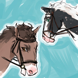 ambiguous_gender black_body blue_background brown_body brown_eyes brown_mane duo feral green_eyes looking_at_viewer mane mouth_closed side_view simple_background white_mane lionfloof equid equine horse mammal 1:1 hi_res