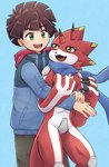 anthro brown_hair claws clothing codpiece duo hair horn hug jacket male red_body scarf topwear yellow_eyes mstdndkkkkk bandai_namco digimon digimon_ghost_game hiro_amanokawa betelgammamon digimon_(species) human mammal scalie hi_res