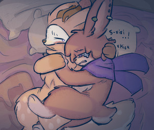 anthro bed big_tail bodily_fluids chest_tuft comforting crying cuddling dialogue duo eyes_closed fluffy fluffy_tail furniture hand_holding hand_on_head hiccuping legs_together male male/male mask piercing pillow purple_eyes scarf tail tears tuft marpystar fabulous_beasts sibuxiang_the_deer_(fabulous_beasts) tuye_(fabulous_beasts) deer lagomorph leporid mammal rabbit
