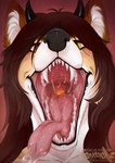 anthro black_horn black_nose brown_hair female front_view fur glistening glistening_eyes hair horn inner_ear_fluff looking_at_viewer mouth_shot open_mouth pink_tongue sharp_teeth solo tan_body tan_fur teeth text tongue tongue_out tuft uvula white_body white_fur white_inner_ear_fluff santanahoffman leilah_(krakenfox) canid canine mammal artist_name
