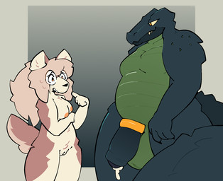 anthro balls breasts duo eyewear fangs female genitals glasses male nipples overweight overweight_male penis scales teeth ventral_scales vulva catjamn briggs_(catjamn) karina_(catjamn) canid canine crocodilian mammal reptile scalie aliasing digital_media_(artwork) hi_res