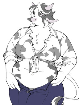 anthro belly big_belly big_breasts black_body black_fur black_hair bottomwear breasts clothed clothing eyelashes facial_piercing female fur hair horn kemono looking_at_viewer markings multicolored_hair navel navel_piercing nose_piercing open_bottomwear open_clothing open_pants overweight overweight_anthro overweight_female pants piercing simple_background slightly_chubby slightly_chubby_anthro slightly_chubby_female solo spots spotted_body spotted_fur white_background white_body white_fur white_hair mochimochiland bovid bovine cattle mammal hi_res