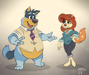 alternate_form anthro belly big_nose blue_body blue_fur bottomwear brown_body brown_fur canon_couple clothing duo female fluffy fluffy_tail fur green_clothing grey_body grey_clothing grey_fur hair male markings necktie orange_body orange_fur overweight overweight_male pants red_hair simple_background spots spotted_body spotted_fur tail tan_background tan_body tan_clothing tan_fur teal_clothing teal_eyes work_uniform yellow_body yellow_fur shellyochunks bluey_(series) bandit_heeler chilli_heeler australian_cattle_dog canid canine canis cattledog domestic_dog herding_dog mammal pastoral_dog 2023 dated signature