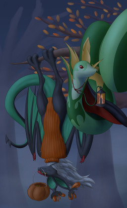 branch candy cape clothed clothing costume dessert duo fangs female feral food fruit fur holidays in_tree lamp lantern on_branch outside plant pumpkin ribbons serpentine simple_background smile sweater teeth topwear tree wings testowepiwko halloween nintendo pokemon generation_5_pokemon generation_6_pokemon noivern pokemon_(species) serperior 2018 absurd_res digital_media_(artwork) hi_res