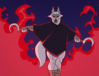 abs anthro barazoku bottomwear bulge clothed clothing clothing_lift detailed_background fire fire_background fur grey_body grey_fur hand_grab looking_at_viewer male muscular muscular_anthro muscular_male navel nipples partially_clothed pecs poncho red_eyes sickle solo tail tail_motion tailwag topwear underwear weapon grossy_vulpen dreamworks puss_in_boots_(franchise) death_(puss_in_boots) canid canine canis mammal wolf 2023 2d_animation animated digital_media_(artwork) loop