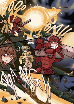 animal_ears blonde_hair brown_hair clawed_hands clothed clothing female hair horn male melee_weapon monster_girl_(genre) outside red_eyes red_hair simple_background sword text weapon white_hair shriekingmagpie horned_humanoid humanoid comic digital_media_(artwork) english_text hi_res
