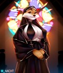 anthro areola areola_slip big_breasts breast_curtains breasts christianity clothed clothing cross female huge_breasts looking_at_viewer nun nun_outfit religion simple_background smile solo stained_glass stained_glass_window winter_nacht dogelore doge canid canine canis domestic_dog mammal shiba_inu spitz absurd_res hi_res meme