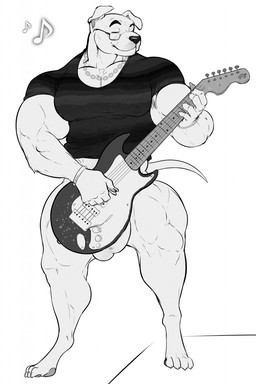 anthro balls biceps big_muscles bottomless clothed clothing electric_guitar eyewear genitals glasses guitar huge_muscles jewelry male muscular muscular_anthro muscular_male musical_instrument necklace pecs playing_guitar playing_music plucked_string_instrument simple_background solo string_instrument white_background itzcharlie animal_crossing nintendo k.k._slider canid canine canis domestic_dog mammal hi_res monochrome