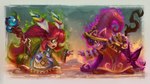 ambiguous_gender clothing dress female footwear green_eyes group hair hat headgear headwear long_hair loose_feather purple_hair red_hair rock_paper_scissors shoes staff standing hozure league_of_legends mana_(series) riot_games secret_of_mana square_enix tencent lulu_(lol) pix_(lol) popoi fairy human humanoid mammal yordle 16:9 2017 hi_res widescreen