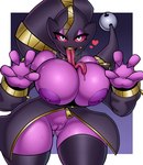 4_fingers areola big_breasts bodily_fluids breasts clothed clothing collar female fingers generation_6_pokemon genitals heart_symbol hi_res huge_breasts humanoid igxxiii long_tongue mega_banette mega_evolution nintendo nipples not_furry pokemon pokemon_(species) puffy_areola pupils purple_body purple_skin pussy slit_pupils solo sweat tongue