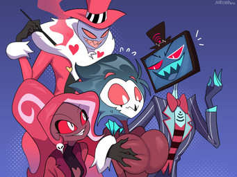 anthro biped bodily_fluids clothed clothing female fingers grey_body grope group hollow_eyes male mouth_closed pupils red_eyes red_sclera simple_background sweat teeth white_body white_eyes markmanez hazbin_hotel hellaverse helluva_boss stolas_(helluva_boss) valentino_(hazbin_hotel) velvette_(hazbin_hotel) vox_(hazbin_hotel) avian bird demon humanoid owl owl_demon absurd_res hi_res