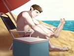 beach blue_eyes bottomwear brown_hair chair clothed clothing cloud cooler detailed_background foot_transformation fur furniture growth hair humanoid_pointy_ears looking_down_at_self male outside paw_grab pawpads pointy_ears sand sea seaside shorts sitting sky snout snout_growth solo swimwear table topless transformation umbrella under_shade water fasttrack37d moka_(character) canid human mammal 2013 digital_media_(artwork) story story_in_description