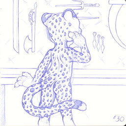4_fingers anthro axe butt detailed_background female fingers katana kunai melee_weapon nude rear_view solo standing sword weapon young young_anthro sogaroth inktober felid leopard mammal pantherine 2022 blue_and_white guide_lines hi_res monochrome