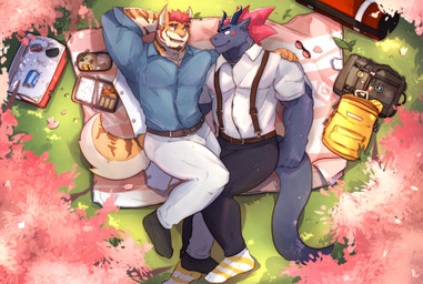 anthro anthro_on_anthro backpack beard belt bottomwear clothed clothing collared_shirt cuddling dress_shirt duo eye_contact eyebrows facial_hair food hair hand_on_shoulder horn leaf looking_at_another lying male male/male on_back outside pants picnic romantic romantic_couple shirt smile suspenders tail topwear makowolf1 mythology dragon felid mammal mythological_creature mythological_scalie pantherine scalie tiger 2021 hi_res