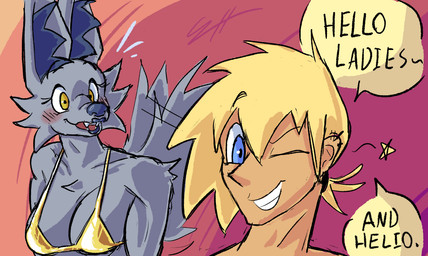anthro beach bikini blonde_hair blue_eyes blush blush_lines clothing dialogue duo female fur gold_bikini greeting grey_body grey_fur hair lipstick makeup male one_eye_closed speech_bubble swimwear text two-piece_swimsuit wink yellow_eyes biscotti5000 nyx_(biscotti5000) sam_(biscotti5000) canid canine canis human mammal wolf english_text