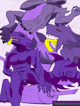 anal anal_fingering anthro arm_tuft big_syringe canine_teeth cowgirl_position feet fentanyl fingering flaccid foot_fetish from_front_position genitals head_tuft licking licking_object lying male masturbation muscular neck_tuft on_bottom on_top open_mouth penis pubes purple_background purple_body purple_shading riding_object sex shoulder_tuft simple_background solo syringe teeth tongue tongue_out tuft toiletdestroyer casualties:_unknown expie_(gunsawian) gunsawian 3:4 hi_res multiple_scenes