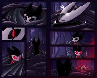 6_eyes 8_panel_comic ambiguous_gender eyes_closed group logo motion_lines multi_eye open_mouth red_eyes sleeping waking_up netmors hollow_knight_(franchise) team_cherry grimmchild_(hollow_knight) hollow_knight_(character) arachnid arthropod spider vessel_(species) weaver_(hollow_knight) absurd_res artist_logo comic first_page hi_res