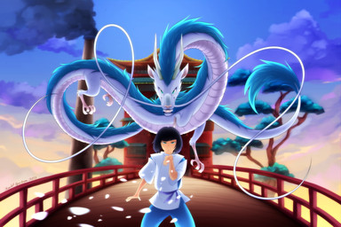 blue_body blue_fur bridge chimney cloud day duo feral flying fur looking_at_viewer male outside plant tail tail_tuft tree tuft whiskers scarletspectrum ghibli mythology spirited_away haku_(spirited_away) dragon eastern_dragon human mammal mythological_creature mythological_scalie scalie 2023 3:2 hi_res