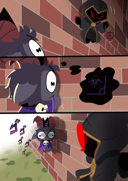 3_panel_comic ambiguous_gender anthro bell bell_collar black_body black_eyes black_fur brick brick_wall cape climbing climbing_wall clothed clothing collar cultist dark_body dark_fur duo exclamation_point fur holding_object horizontal_pupils horn jewelry looking_at_another male necklace pupils red_horn robe surprised wall_(structure) realta22 cult_of_the_lamb jojo's_bizarre_adventure massive_monster_(studio) menacing_(meme) goat_(cult_of_the_lamb) purple_crown_(cult_of_the_lamb) bovid caprine goat mammal sheep 2025 comic hi_res meme