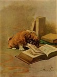 ambiguous_gender black_nose book brown_body brown_fur feral fur multicolored_body multicolored_fur shadow simple_background snout solo tan_background three-quarter_view two_tone_body two_tone_fur white_body white_fur maud_earl canid canine canis domestic_dog mammal pekingese toy_dog 1910 20th_century ancient_art full-length_portrait portrait shaded signature traditional_media_(artwork)