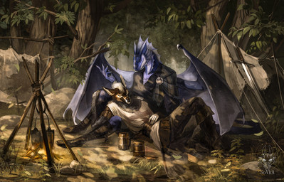 amazing_background anthro armor blue_body blue_scales booth brown_body brown_fur detailed_background duo fire forest fur hair male male/male melee_weapon plant rest scales spots sword tree weapon white_hair wings drawing_sofa mythology canid canine dragon mammal mythological_creature mythological_scalie scalie detailed