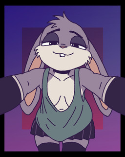anthro arm_warmers armwear biped bottomwear breasts clothed clothing eyelashes female first_person_view front_view gloves grabbing_viewer gradient_background handwear leaning leaning_forward legwear long_ears looking_at_viewer shirt simple_background skirt smile smug_expression solo tail tank_top thigh_highs topwear ircluzar violet_bunny lagomorph leporid mammal rabbit cel_shading digital_media_(artwork) hi_res shaded nonbinary_(lore)