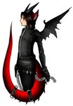 accessory alternative_fashion animal_humanoid armband belt black_hair chain claws clothed clothing collar dragon dragon_humanoid fully_clothed furgonomics gloves goth hair handwear horn humanoid leather legband male membrane_(anatomy) membranous_wings mythological_creature mythological_scalie mythology red_body red_eyes red_skin scalie side_view simple_background solo source_request spikes tail tail_accessory tailband tan_body tan_skin white_background wingless_chimera wings