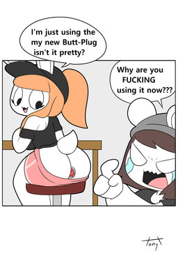 anal anal_penetration anthro beanie big_breasts big_butt black_clothing black_hat black_headwear black_shirt black_topwear bottomwear breasts broken_finger brown_hair butt buttplug buttplug_in_ass buttplug_insertion clothed clothing dialogue duo female fur furniture gem hair hat headgear headwear huge_butt humor jewel_buttplug male object_in_ass off_shoulder orange_hair penetration plug_(sex_toy) plug_insertion profanity sex_toy sex_toy_in_ass sex_toy_insertion shirt shorts simple_background sitting_on_stool slapstick speech_bubble stool table text thick_thighs topwear tonytoran tina_(tonytoran) tony_(tonytoran) chinchilla chinchillid lagomorph leporid mammal rabbit rodent 2020 comic digital_drawing_(artwork) digital_media_(artwork) english_text hi_res one_panel_comic
