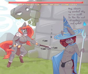 anthro axe barbarian building clothing duo female femboy hair holding_object holding_weapon magic magic_user male melee_weapon tail text tower weapon chapaevv dungeons_and_dragons hasbro jewish_mythology my_little_pony mythology wizards_of_the_coast arucordu fan_character noelle_(chapaevv) mythological_creature mythological_golem 6:5 absurd_res digital_media_(artwork) english_text hi_res