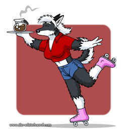4_fingers anthro beverage bottomwear breasts cheek_tuft cleavage clothed clothed_anthro clothed_female clothing coffee coffee_pot eyes_closed facial_tuft female fingers footwear fur gloves_(marking) hair holding_beverage holding_object inner_ear_fluff leg_markings markings midriff multicolored_body multicolored_fur navel on_one_leg quad_skates red_clothing roller_skates roller_skating shirt shorts simple_background socks_(marking) solo standing steam topwear tuft two_tone_body two_tone_fur white_hair doc_nickel the_whiteboard mikittok_qimmiq canid canine canis domestic_dog husky mammal nordic_sled_dog siberian_husky spitz 2025
