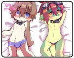 4_fingers anthro bed_sheet bedding blue_eyes blush briefs brown_hair bulge clothing collar countershading crotch_tuft duo eyewear fingers g-string goggles hair hands_behind_head kemono looking_at_viewer lying male navel nipples on_back red_hair ring shota simple_background text tight_clothing tuft underwear v-cut yellow_eyes young young_anthro young_male fermata_suzuka shota_dog_(fermata_suzuka) shota_lizard_(fermata_suzuka) canid canine canis domestic_dog lizard mammal reptile scalie 2019 japanese_text portrait three-quarter_portrait translation_request