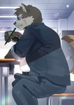 anthro belly blush bodily_fluids brown_body brown_fur classroom clothed clothing desk embarrassed erection erection_under_clothing eyebrows fur furniture male overweight pawpads pencil scar school school_uniform solo sweat table tenting thick_eyebrows uniform agitong agitoryuusaki lifewonders tokyo_afterschool_summoners moritaka_(tas) canid canine canis domestic_dog mammal absurd_res hi_res