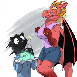anthro birthday_cake blue_body blue_fur breasts cake clothing dessert duo female food fur gloves_(marking) horn leg_markings male markings membrane_(anatomy) membranous_wings red_body red_scales scales shirt socks_(marking) tail tank_top topwear wings foxenawolf mythology dragon mammal mustelid mythological_creature mythological_scalie otter scalie 1:1 absurd_res hi_res