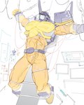 bdsm bondage bound cuff_(restraint) electrode electrode_pad green_eyes laboratory male muscular muscular_male restraints scientific_instrument shackles solo momotan_(artist) bandai_namco digimon digimon_frontier arthropod beetle beetlemon insect hi_res