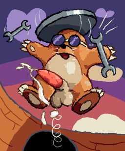 action_pose animal_genitalia anthro balls biped blush blush_lines bodily_fluids brown_body brown_fur claws clothed clothing cloud cloudy_sky cum dusk ejaculation erection eyewear fur genital_fluids genitals goggles jumping male male_anthro manhole manhole_cover midair mostly_nude open_mouth partially_clothed penis pose red_penis sheath sky solo tan_balls tan_body tan_fur tapering_penis tools whiskers wrench cilokyne mario_bros nintendo rocky_wrench 5:6 digital_media_(artwork) hi_res pixel_(artwork)