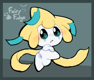 ambiguous_gender anus blue_border blush border butt looking_at_viewer looking_back null_bulge open_mouth presenting presenting_anus presenting_hindquarters raised_leg rear_view ribbons_(anatomy) simple_background solo fairyfudge nintendo pokemon generation_3_pokemon jirachi legendary_pokemon pokemon_(species) digital_media_(artwork) signature