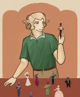 anthro belt belt_buckle bottomwear buckle clothed clothed_anthro clothed_male clothing ears_down figurine fur half-closed_eyes holding_figurine holding_object horn looking_aside looking_at_object male narrowed_eyes pants pivoted_ears shirt solo topwear wool_(fur) reynard_goodfellow reynard_the_baa bovid caprine mammal sheep hi_res