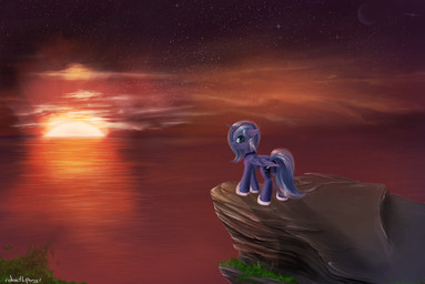 blue_body blue_eyes blue_feathers blue_hair cutie_mark detailed_background eyelashes feathered_wings feathers female feral hair hooves horn sky smile solo standing star starry_sky sun water wings 1deathpony1 friendship_is_magic hasbro my_little_pony mythology princess_luna_(mlp) equid equine mammal mythological_creature mythological_equine winged_unicorn hi_res