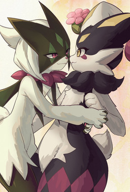 ambiguous_gender anthro black_body black_fur blush cheek_tuft duo eyelashes facial_tuft female fur green_body hug jester markings multicolored_body multicolored_fur neck_tuft pink_eyes red_markings short_tail tail thick_thighs tuft white_body white_fur yellow_eyes yellow_markings phant0mf1ame nintendo palworld pocketpair pokemon dupin_(pal) generation_9_pokemon lagomorph leporid mammal meowscarada pal_(species) pokemon_(species) rabbit hi_res