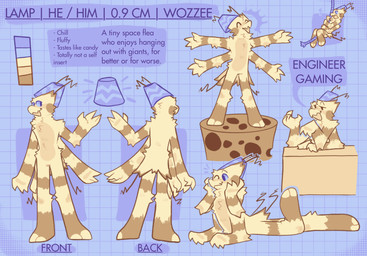 anthro blue_eyes fluffy fur lamp_shade male micro self_insert size_difference smaller_male solo text yellow_body yellow_fur anonymous_artist alien arthropod flea insect wozzee english_text hi_res model_sheet