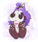 anthro antlers areola big_breasts breasts breasts_squish brown_body brown_fur ear_piercing ear_ring female fur genitals hair hair_over_eye horn huge_breasts long_hair looking_at_viewer markings nipple_piercing nipples one_eye_obstructed piercing purple_hair pussy ring_(jewelry) ring_piercing solo spots spotted_body spotted_fur womb_tattoo grind3r dominique_(bionichound) cervine deer mammal visayan_spotted_deer hi_res