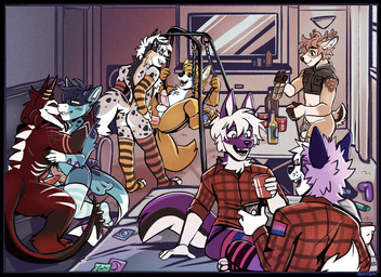 2_penises alcohol alcohol_bottle animal_genitalia animal_penis anthro antlers arm_warmers armwear balls bed beer_bottle beverage beverage_bottle big_tail bisexual_pride_colors black_body black_clothing black_crop_top black_ears black_fur black_nose black_shirt black_spots black_striped_fur black_topwear blue_body blue_clothing blue_fur blue_legwear blue_pawpads blue_striped_fur blue_thigh_highs bottle bottomless brown_antlers brown_body brown_ears brown_fur carpet casual_chastity casual_exposure casual_nudity casual_sex chain chastity_cage chastity_device checkered checkered_clothing checkered_topwear clothed clothing condom condom_wrapper container crop_top cup curtains dildo dim_lighting drink_mixing ear_piercing ear_ring electronics erection eyes_closed facing_each_other feet fin fish_tail folding_table fur furgonomic_piercing furgonomics furniture genitals gold_(metal) gold_ear_piercing gold_ear_ring grey_body grey_fur grin group hair hands_on_hips hemipenes holding_beverage holding_chain holding_object holding_phone hooves horn inaccurate_knotting inside jockstrap knot knotted_penis laugh legwear lgbt_pride lights male male/male male_penetrated male_penetrating male_penetrating_male markings metal_chastity_cage multi_genitalia multi_penis nub_tail on_bed on_sofa orange_arm_warmers orange_armwear orange_body orange_clothing orange_ears orange_fur orange_legwear orange_stripes orange_thigh_highs party pattern_arm_warmers pattern_armwear pattern_clothing pattern_legwear pattern_shirt pattern_thigh_highs pattern_topwear pawpads paws penetration penis phone piercing pink_clothing pink_legwear pink_pawpads pink_penis pink_spots pink_thigh_highs plaid plaid_clothing plaid_shirt plaid_topwear pockets pride_color_flag pride_colors purple_body purple_clothing purple_ears purple_fur purple_hair purple_jockstrap purple_underwear red_arm_warmers red_armwear red_clothing red_legwear red_penis red_solo_cup red_stripes red_thigh_highs ring_piercing room_party sex sex_swing sex_toy sexual_barrier_device shelf shirt showing_phone sitting sitting_on_bed sitting_on_sofa smile smiling_at_another smiling_at_each_other sofa solo_cup speaker spine spots spotted_body spotted_fur spotted_markings striped_arm_warmers striped_armwear striped_clothing striped_legwear striped_thigh_highs stripes table tail tail_piercing teeth television thigh_highs toes tongue tongue_out topwear topwear_only underwear whiskey whiskey_bottle white_body white_fur white_hair white_spines white_striped_fur white_stripes window sparkibarki arcadia_(fox) calba ficher nelius_(canine) novayyyy platters_(fox) ramm_(skulldog) australian_shepherd border_collie canid canine canis collie deer domestic_dog fox herding_dog hybrid mammal manokit pastoral_dog sheepdog skulldog_(species) wolf absurd_res hi_res