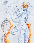 anthro clothed clothing dress female fire gloves handwear horn lava legwear mouthpiece smile smoke smoking solo stockings tail sunny_way mythology pompeii_(timberwolfl) dragon mythological_creature mythological_scalie scalie digital_media_(artwork) hi_res