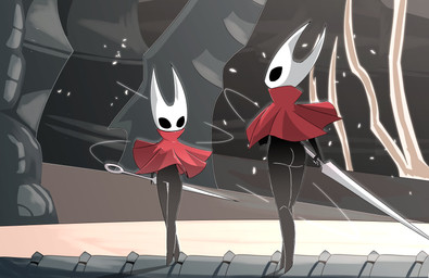 cloak clone clothing curved_horn duo empty_eyes female fight holding_object holding_weapon horn imminent_fight red_clothing weapon narty_naz hollow_knight_(franchise) team_cherry hornet_(hollow_knight) arachnid arthropod humanoid spider absurd_res hi_res tagme