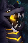 ambiguous_gender black_body feral glowing grey_eyes horn inner_ear_fluff mouth_shot neck_tuft open_mouth palate scales solo teeth tongue tongue_out tuft zegzagun mythology dragon mythological_creature mythological_scalie scalie 2:3 absurd_res hi_res