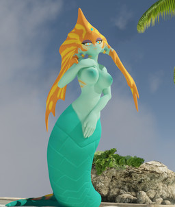 beach bedroom_eyes big_breasts breasts covering covering_crotch covering_vulva female fin fin_piercing furgonomic_piercing furgonomics head_fin looking_at_viewer narrowed_eyes nipples orange_eyes piercing presenting presenting_breasts seaside seductive smile solo split_form teal_body lorded voidwillow_(modeler) dota valve valve_corporation slithice_the_naga_siren aquatic humanoid merfolk siren 2023 3d_(artwork) absurd_res digital_media_(artwork) hi_res