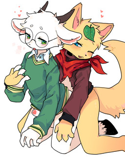 adolescent anal anal_penetration anthro balls blue_eyes blush blush_lines bottomless bottomless_anthro bottomless_male butt clothed clothing duo eyewear fluffy fluffy_tail foreskin fur genitals glasses green_eyes hand_holding heart_symbol hooves kemono kerchief leaf leaf_on_head male male/male male_penetrated male_penetrating male_penetrating_male penetration penis pointy_ears red_kerchief scut_tail sex short_tail sweater tail tan_body tan_fur topwear white_body white_fur young young_anthro young_male infekah bovid caprine domestic_cat felid feline felis goat mammal absurd_res hi_res
